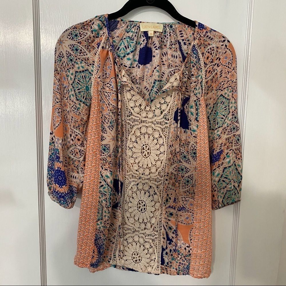 Lucy & Laurel Bohemian coral blue crochet lace blouse top Women’s size XS